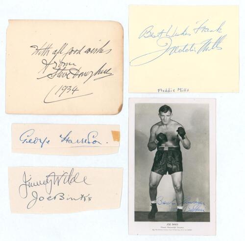 Horse racing and boxing signatures 1920s-1950s. A selection of signatures in ink on pages, pieces and one postcard. Includes an album page very nicely signed in black ink by the jockey, Steve Donoghue, dated 1934. Also signatures in ink of boxers Freddie 