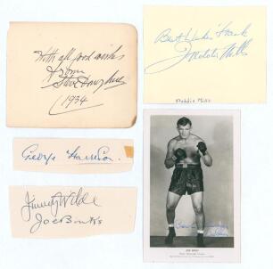 Horse racing and boxing signatures 1920s-1950s. A selection of signatures in ink on pages, pieces and one postcard. Includes an album page very nicely signed in black ink by the jockey, Steve Donoghue, dated 1934. Also signatures in ink of boxers Freddie 