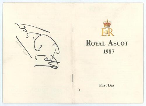 Horse racing. Royal Ascot 1987. Official programme/ race card booklet for the &lsquo;First Day&rsquo;, 16th June 1987. Signed to pages in bold black ink by eleven jockeys including Ray Cochrane, Pat Eddery, Gary Bardwell, John Reid, Cash Amussen, Walter Swinburn, Pau