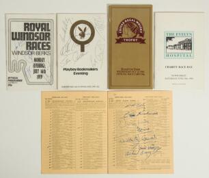 Horse racing. Five signed race card and programmes 1948-1988. Official race card for Salisbury Races, 7th April 1948, signed in ink by Gordon Richards and six others. Royal Windsor Races programme 16th July 1979, signed by Joe Mercer, Steve Cauthen and Le