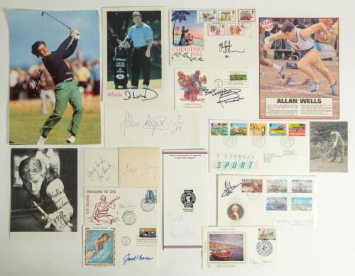 Sporting ephemera. Selection of signed ephemera including first day covers, magazine pictures, paper pieces etc. Signatures include Lew Hoad, Dai Rees, Ian Woosnam, Chris Chatterway, John Regis, Henry Cooper, Clare Francis, Daley Thompson, Steve Redgrave