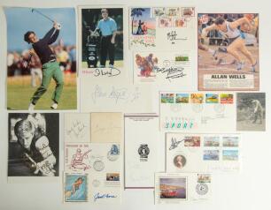 Sporting ephemera. Selection of signed ephemera including first day covers, magazine pictures, paper pieces etc. Signatures include Lew Hoad, Dai Rees, Ian Woosnam, Chris Chatterway, John Regis, Henry Cooper, Clare Francis, Daley Thompson, Steve Redgrave