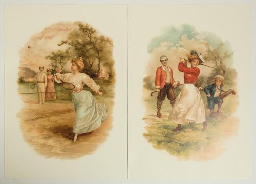Tennis and golf. Ellen Hattie Clapsaddle c.1890s. Two large attractive modern colour prints of artworks by Clapsaddle. One is a lady playing a tennis shot with a couple looking on from the other side of the net. The other depicts a golfing scene of a lady