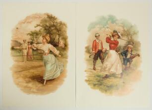 Tennis and golf. Ellen Hattie Clapsaddle c.1890s. Two large attractive modern colour prints of artworks by Clapsaddle. One is a lady playing a tennis shot with a couple looking on from the other side of the net. The other depicts a golfing scene of a lady