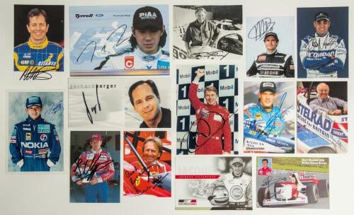 Motor racing. Formula 1. A selection of fourteen signed promotional cards and photographs of racing drivers from the 1970s onwards. Signatures include Gerhard Berger, Jos Verstappen, Martin Brundle, Mika Hakkinen, Ukyo Katayama, Jaques Villeneuve, Derek B