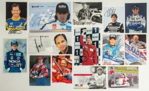 Motor racing. Formula 1. A selection of fourteen signed promotional cards and photographs of racing drivers from the 1970s onwards. Signatures include Gerhard Berger, Jos Verstappen, Martin Brundle, Mika Hakkinen, Ukyo Katayama, Jaques Villeneuve, Derek B