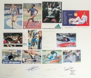 Olympic Games 1980s-2000s. Fifteen promotional cards and white cards, each individually signed by the featured Olympic athlete or canoeist. Includes eleven promotional cards signed by Tony Jarrett, Derek Redmond, Katherine Merry, Donna Fraser, Daley Thomp