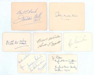 Sporting autographs 1940s/1950s. Seven nice signatures on small white cards. Signatures are Stanley Matthews (football), Lester Pigott (horse racing), Roger Bannister, Gordon Pirie, Jim Peters (athletics), Bruce Woodcock and Freddie Mills (boxing). Fold t