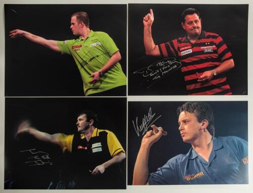 Darts World Champions 1983-2019. Seven large exhibition style colour photographs of darts champions and runners-up, each signed by the featured player. Signatures are Ronnie Baxter, Kevin Painter, Keith Deller, Jelle Klaasen, Michael van Gurwen, Dennis Pr