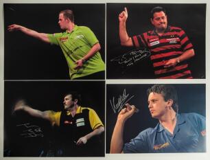 Darts World Champions 1983-2019. Seven large exhibition style colour photographs of darts champions and runners-up, each signed by the featured player. Signatures are Ronnie Baxter, Kevin Painter, Keith Deller, Jelle Klaasen, Michael van Gurwen, Dennis Pr
