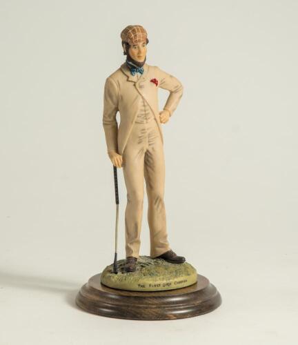 &lsquo;Willie Park Senior. The First Open Champion&rsquo;. &lsquo;Sporting Legends&rsquo; cold cast porcelain figure of Park in period golf dress with club to eight hand. 9&rdquo; tall on wooden base. Produced in 1984. Details to bottom of base. Good condition