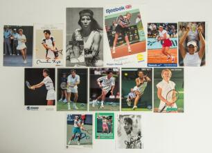 Tennis signed promotional and collectors&rsquo; cards 1970s onwards. Fourteen cards, each signed by the featured player. Signatures are Rosie Casals, Pam Shriver, Greg Rusedski, Tim Henman, Heather Watson, Mary Joe Fernandez, Helena Sukova, Jana Novotna, Jennif