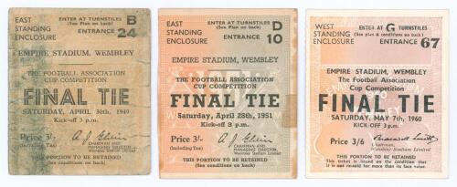 F.A. Cup Finals 1949-1960. Three original match tickets for Wembley Finals. Tickets are for Leicester City v Wolverhampton Wanderers, 30th April 1949 (Wolves won 3-1), Newcastle United v Blackpool, 28th April 1951 (Newcastle won 2-0), and Blackburn Rovers