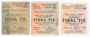 F.A. Cup Finals 1949-1960. Three original match tickets for Wembley Finals. Tickets are for Leicester City v Wolverhampton Wanderers, 30th April 1949 (Wolves won 3-1), Newcastle United v Blackpool, 28th April 1951 (Newcastle won 2-0), and Blackburn Rovers