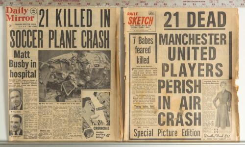Manchester United &lsquo;Busby Babes&rsquo; 1957. Original and complete copy of the Daily Mirror newspaper dated 7th February 1958 with extensive coverage of the Munich air disaster in which a number of players lost their lives. Also a partial copy of the Daily Sketc