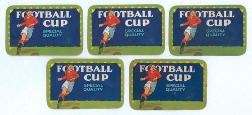 Football Cup. Special Quality&rsquo;. Five identical bottle labels featuring a footballer in red shirt and white shorts running with a ball, titles to above and side. The labels were produced for McDaids, of Co. Donegal, non-alcoholic soda drink which they have