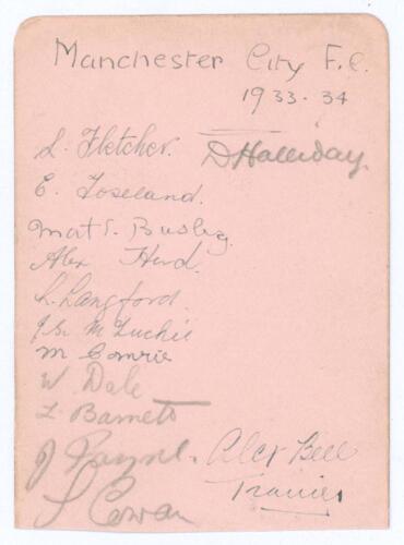 Manchester City 1933-34. Small album page signed in ink and pencil by thirteen members of the team including the trainer. Signatures include L. Fletcher, E. Toseland, Matt Busby, A. Herd, D. Halliday, L. Langford, W. Dale, L. Barnett, J. McLuckie, S. Cowa