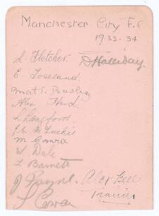 Manchester City 1933-34. Small album page signed in ink and pencil by thirteen members of the team including the trainer. Signatures include L. Fletcher, E. Toseland, Matt Busby, A. Herd, D. Halliday, L. Langford, W. Dale, L. Barnett, J. McLuckie, S. Cowa