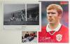 Manchester United F.C. A selection of thirteen signatures of United players on pieces (some laid down), cuttings, pages etc. Includes a &lsquo;Sporting Legends- Autographed Editions&rsquo; limited edition print no. 36/75 of Lou Macari scoring on his Manchester United