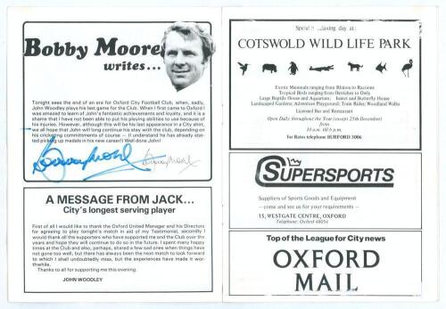 Bobby Moore. West Ham United, Fulham & England 1958-1976. Official programme for the John &lsquo;Jack&rsquo; Woodley Testimonial match, Oxford City v Oxford United c.1980. Signed by Bobby Moore (Manager of Oxford City 1980-981) to the tribute page. Three further unid