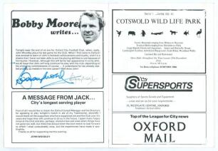 Bobby Moore. West Ham United, Fulham & England 1958-1976. Official programme for the John &lsquo;Jack&rsquo; Woodley Testimonial match, Oxford City v Oxford United c.1980. Signed by Bobby Moore (Manager of Oxford City 1980-981) to the tribute page. Three further unid