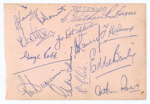 Tottenham Hotspur F.C. c.1952. Album page signed in blue biro by fourteen Tottenham players. Signatures include Ron Burgess, Alf Ramsey, George Robb, Len Duquemin, Charlie Withers, Harry Clarke, Eddie Baily, Arthur Rowe etc. Slight soiling, otherwise in g