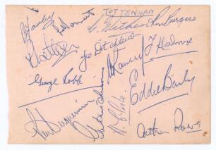 Tottenham Hotspur F.C. c.1952. Album page signed in blue biro by fourteen Tottenham players. Signatures include Ron Burgess, Alf Ramsey, George Robb, Len Duquemin, Charlie Withers, Harry Clarke, Eddie Baily, Arthur Rowe etc. Slight soiling, otherwise in g