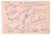 Tottenham Hotspur F.C. c.1952. Album page signed in blue biro by fourteen Tottenham players. Signatures include Ron Burgess, Alf Ramsey, George Robb, Len Duquemin, Charlie Withers, Harry Clarke, Eddie Baily, Arthur Rowe etc. Slight soiling, otherwise in g