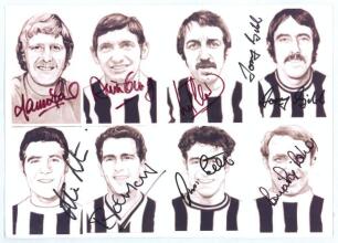 Newcastle United F.C. 1960s/70s. Modern mono photo montage of eight Newcastle United players, signed by each player. Signatures are &lsquo;Ian&rsquo; McFaul, David Craig, Frank Clark, Tommy Gibb, Ollie Burton, Bobby Moncur, Jimmy Scott and Bryan &lsquo;Pop&rsquo; Robson, sold wi