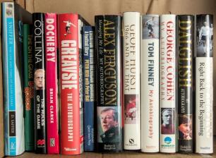 Football autobiographies 1990/2000&rsquo;s. Selection of twelve autobiographies, all signed by their author to the title page or front end page. &lsquo;Greavsie. The Autobiography&rsquo;. Jimmy Greaves. London 2003, &lsquo;Docherty&rsquo; Brian Clarke 1991, &lsquo;Sniffer. The Life and Time