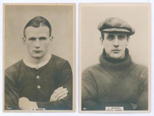 Nottingham Forest F.C. Two Godfrey Phillips &lsquo;Pinnace&rsquo; premium issue cabinet size mono real photograph plain back trade cards of Sidney Gibson 1921-1928, played 252 matches scoring 55 goals and goalkeeper Joe Johnson 1919-1921, played 54 matches. The large