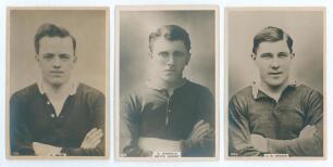 Nottingham Forest F.C. Three Godfrey Phillips &lsquo;Pinnace&rsquo; premium issue cabinet size mono real photograph plain back trade cards of Patrick Nelis 1922-1925, played 59 matches scoring 13 goals, Sidney Harrold 1920-1922, played 50 matches scoring eight goals 