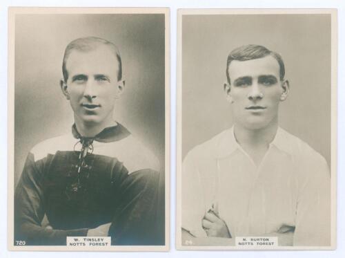 Nottingham Forest F.C. Two Godfrey Phillips &lsquo;Pinnace&rsquo; premium issue cabinet size mono real photograph plain back trade cards of Walter Tinsley 1921-1924, played 61 matches scoring 13 goals and Noah Burton 1921-1932, played 296 matches scoring 57 goals. Th