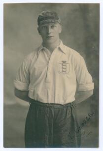 Thomas Cooper. Port Vale, Derby County & Liverpool 1924-1940. Mono real photograph postcard of Cooper in England shirt and cap. Postcard by W. Winter, Derby. Name handwritten in capitals to front corner of the postcard. Good condition