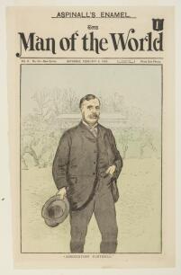 Charles Alcock. Sporting Pioneer. Original front cover of &lsquo;Man of the World&rdquo; magazine issued 8th February 1890, featuring a hand-tinted engraving of Alcock, three quarter length, with a football match in progress in the background. Titled &lsquo;Association Foo