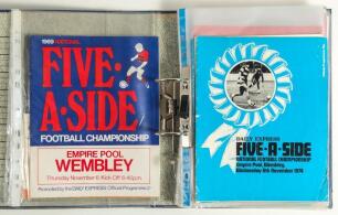 National &lsquo;Five/Six a Side&rsquo; football programmes 1969 to 1990. Blue file containing a collection of eighteen programmes for competitions held at the Empire Pool Wembley, Programmes include Daily Express programmes for 1969, 1970, 1972, 1973, 1974 (2), , 197