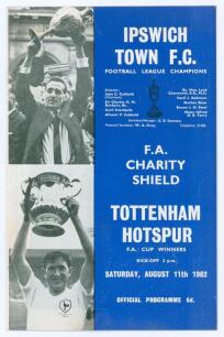 F.A. Charity Shield 1962. Ipswich Town v Tottenham Hotspur. Official programme for the match played at Portman Road, Ipswich 11th August 1962. Spurs won 5-1. Scores and scorers annotated neatly in green ink to centre field of play pages. Good/ very good c