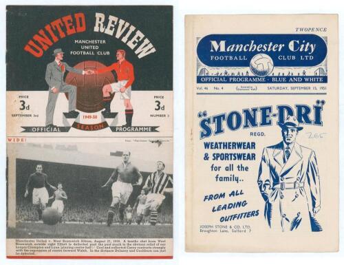 The Manchester Derby. Manchester United v Manchester City. Season 1949/50 and 1951/52. League Division 1. Original official programmes for the League match played at Old Trafford on the 3rd September 1949. Issue no. 3. Manchester United won 2-1 and the Le