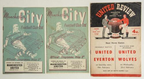 The Manchester Derby. Manchester City v Manchester United. Season 1954/55 and 1959/60. League Division 1 and F.A. Cup. Three original official &lsquo;home&rsquo; and &lsquo;away&rsquo; programmes for League matches played at Maine Road 25th September 1954 (Vol. 49 no. 5) and Old