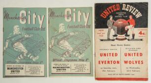 The Manchester Derby. Manchester City v Manchester United. Season 1954/55 and 1959/60. League Division 1 and F.A. Cup. Three original official &lsquo;home&rsquo; and &lsquo;away&rsquo; programmes for League matches played at Maine Road 25th September 1954 (Vol. 49 no. 5) and Old