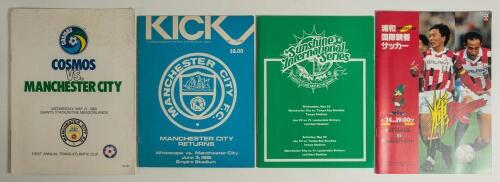 Manchester City overseas friendlies 1980-1993. Four official programmes for &lsquo;away&rsquo; friendlies, three in North America, one in Japan. Matches are v Cosmos at the Giants Stadium, New Jersey, U.S.A. 21st May 1980, v Whitecaps, Empire Stadium Vancouver, Canad