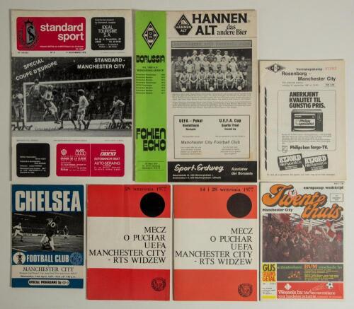 Manchester City in Europe 1970/71-1981/82. A selection of seven official match programmes for &lsquo;away&rsquo; matches and seventeen &lsquo;home&rsquo; in European tournaments and one friendly. Programmes include one from the 1970/71 Cup Winners Cup, Semi-final 1st Leg v Chels