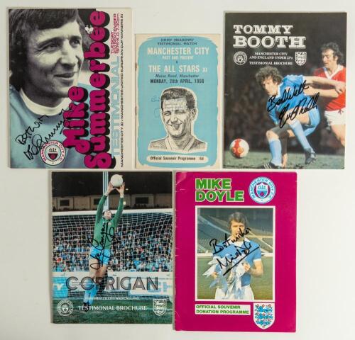 Manchester City &lsquo;Testimonial&rsquo; match programmes 1958 to 2000. Blue file containing a collection of thirty six programmes either including City players or City playing a team for the opposition player. odd programme signed. Programmes include Jimmy Meadows 