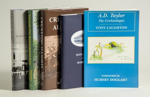 Cricket Books. Good selection of books and pamphlets including &lsquo;A.D. Taylor. The Cricketologist&rsquo;. Tony Laughton un-numbered limited edition of 200 copies, &lsquo;Haygarth at Harrow (1839-1842)&rsquo;. Compiled by Roger Heavens. Louth 2018. Limited edition no. 86/100.