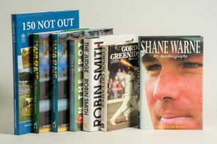 Cricket books, stamps etc. Box of fourteen cricket books with Hampshire interest. Books include &lsquo;Shane Warne. My Autobiography&rsquo;. 2001 signed copy to the vendor, &lsquo;Shane Warne. My Illustrated Career&rsquo;. Shane Warne 2006 (two copies), &lsquo;Gordon Greenidge. The Ma