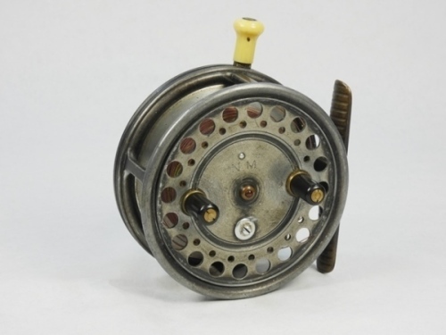 A Hardy Silex Major 3 ¾" bait casing reel, shallow cored drum with twin ebonite handles, jewelled spindle bearing and spring release latch, ribbed brass foot, rim mounted ivorine casting trigger and milled nickel silver tension screw with rear ivorine qua