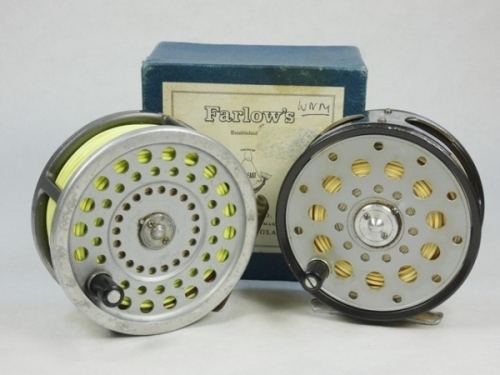 A Farlow Python 4" salmon fly reel, composition handle, spring drum latch, alloy foot, rear sliding tension regulator, double chromed line guide, little used condition and in original blue card box and a Hardy Marquis No.2 salmon fly reel and spare spool,
