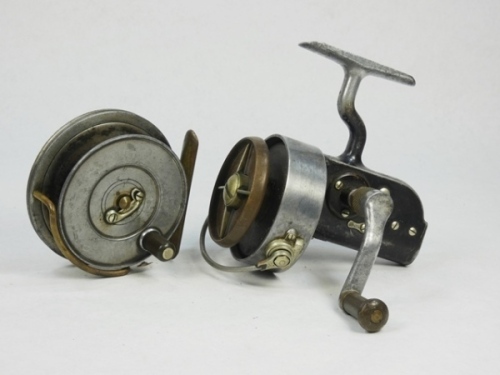 A Hardy Altex No.2 Mk.IIII fixed spool reel, ebonite folding handle, full bail arm, ebonite spool with four point tension adjuster, 1940's and a Hardy Sunbeam 3" trout dry fly reel, ebonite handle and nickel silver locking latch, brass stancheon foot, bra