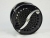A fine Saracione Mk.IV Alta 4 ¾" salmon fly reel, left hand wind model with black anodised finish, counter-balanced serpentine crank handle, alloy foot, multi-perforated drum and face plate, rear sliding optional check button and spindle mounted milled t