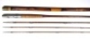 A W. Mills & Son "H. L. Leonard" C. Farlow & Co. Ltd. (retailer) 3 piece (2 tips) cane trout fly rod, 11'4", crimson silk minter-whipped, nickel silver sliding reel fitting stamped makers details, butt cap engraved retailers details, swollen butt section,